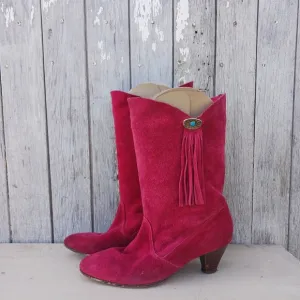 Vtg 70s Red Suede Western Cowgirl Boots Women's Size 8M High Heel Fringe Boho
