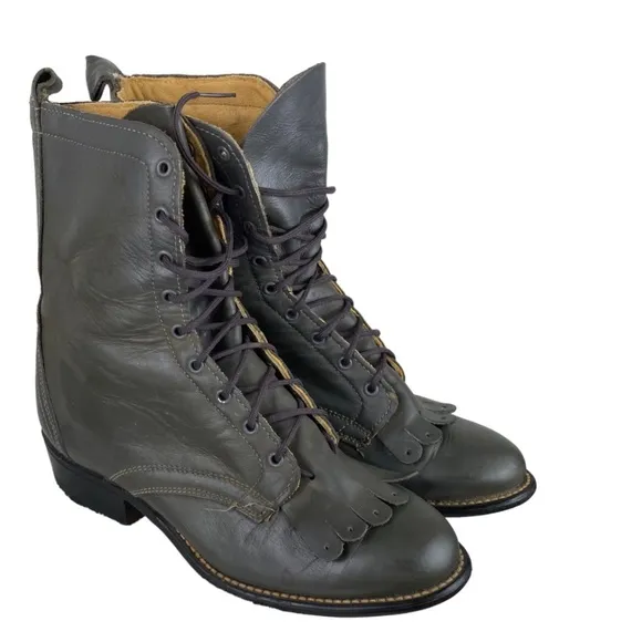 Vtg Laredo Sz 6 Boots Gray Leather Kiltie Granny Roper Cowboy Lace Up Western