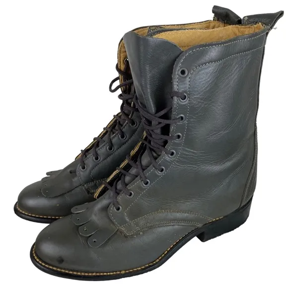 Vtg Laredo Sz 6 Boots Gray Leather Kiltie Granny Roper Cowboy Lace Up Western