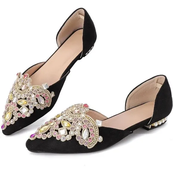 Women Black Rhinestone Pointed Fashion Ballet Flats Wedding Dress Shoes