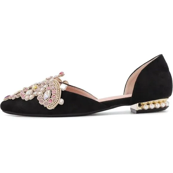 Women Black Rhinestone Pointed Fashion Ballet Flats Wedding Dress Shoes