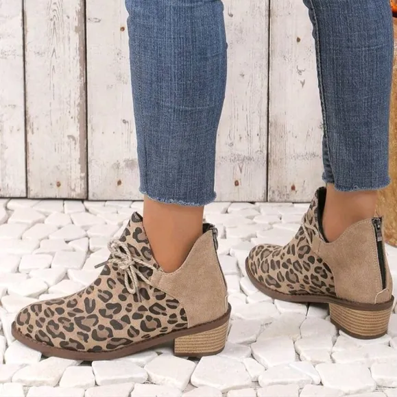 Women Fashion Leopard Print Suede Ankle Boots,Back Zipper,Casual Shoes For Autum