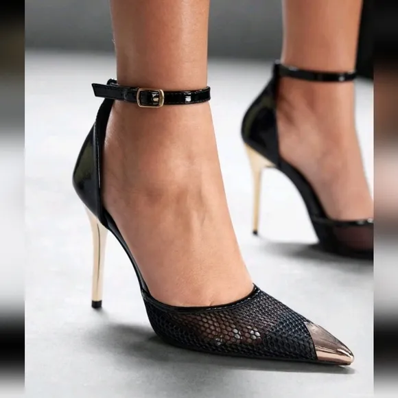 Women Sexy Fashion Pointed Toe Metal Buckle Black Breathable Mesh Strap Shoes