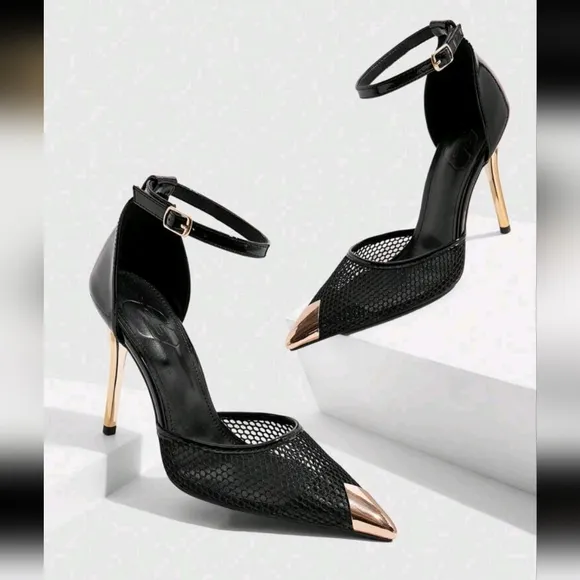 Women Sexy Fashion Pointed Toe Metal Buckle Black Breathable Mesh Strap Shoes