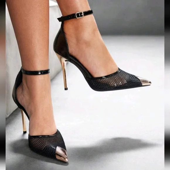 Women Sexy Fashion Pointed Toe Metal Buckle Black Breathable Mesh Strap Shoes