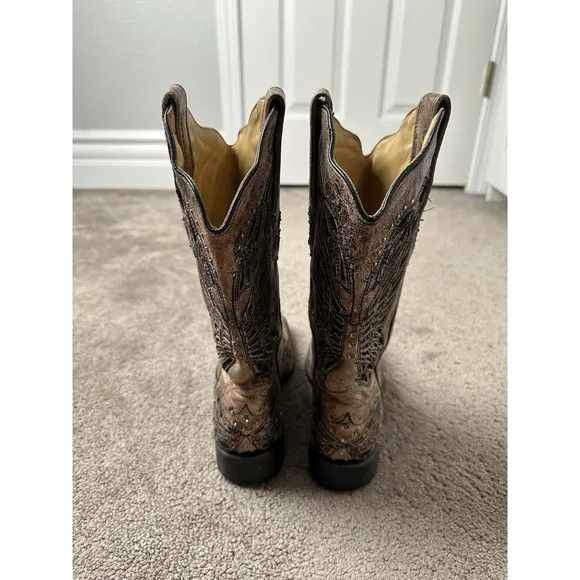 Womens Boots CORRAL 47524 Teens Brown Leather Shiny Inlay Western, Size US 7