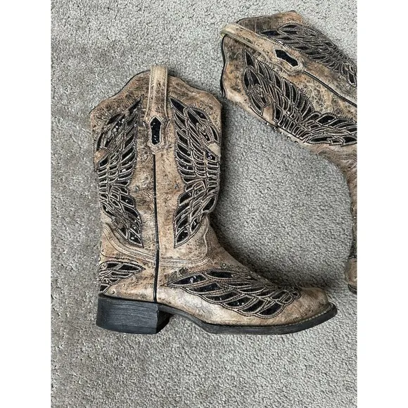 Womens Boots CORRAL 47524 Teens Brown Leather Shiny Inlay Western, Size US 7