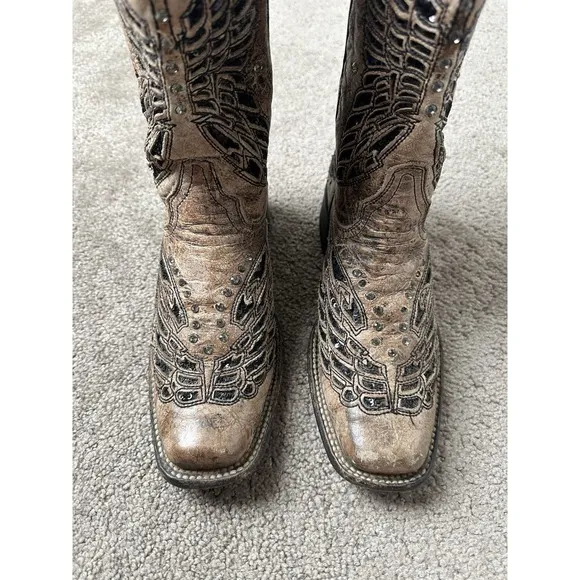Womens Boots CORRAL 47524 Teens Brown Leather Shiny Inlay Western, Size US 7