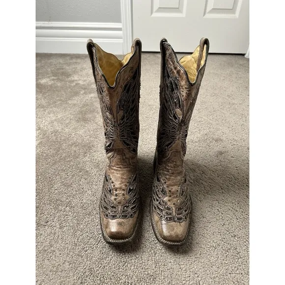 Womens Boots CORRAL 47524 Teens Brown Leather Shiny Inlay Western, Size US 7