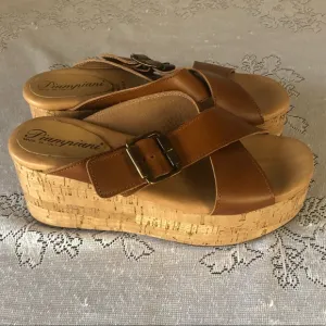Women's Piampiani Tan Italian Leather Cork Platform Sandals. Size 37 (US 6.5/7)