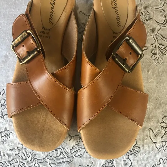 Women's Piampiani Tan Italian Leather Cork Platform Sandals. Size 37 (US 6.5/7)