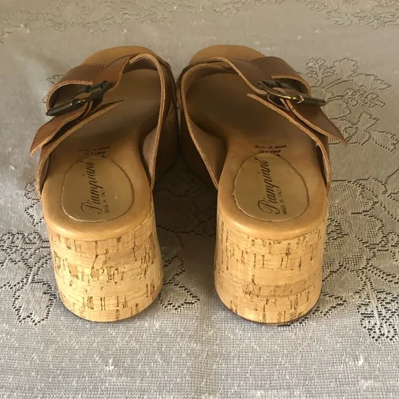 Women's Piampiani Tan Italian Leather Cork Platform Sandals. Size 37 (US 6.5/7)