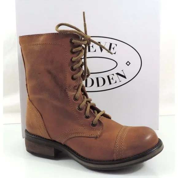 Women's Shoes Steve Madden Tropa 2-0 Lace up Combat Boots Leather Cognac 6.5