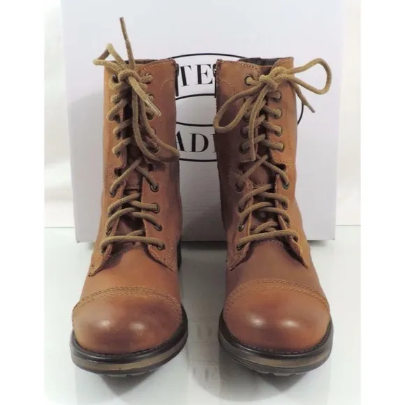 Women's Shoes Steve Madden Tropa 2-0 Lace up Combat Boots Leather Cognac 6.5