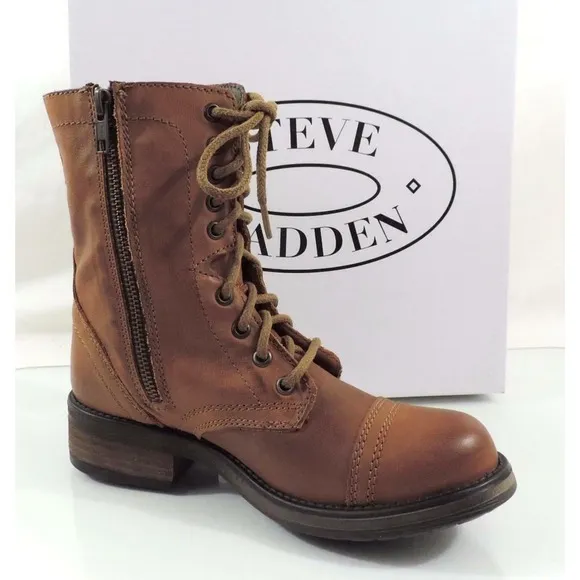 Women's Shoes Steve Madden Tropa 2-0 Lace up Combat Boots Leather Cognac 6.5