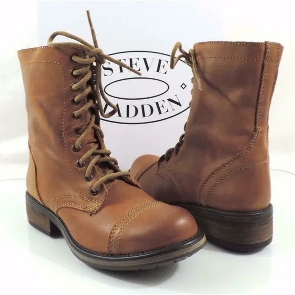Women's Shoes Steve Madden Tropa 2-0 Lace up Combat Boots Leather Cognac 6.5