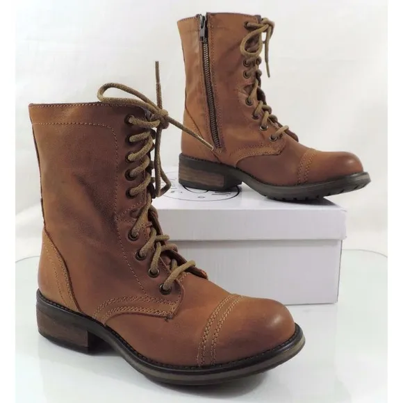 Women's Shoes Steve Madden Tropa 2-0 Lace up Combat Boots Leather Cognac 6.5