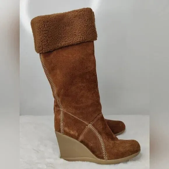 Y2K Kenneth Cole Reaction Brown Suede Knee High Wedge Boots Size US 6