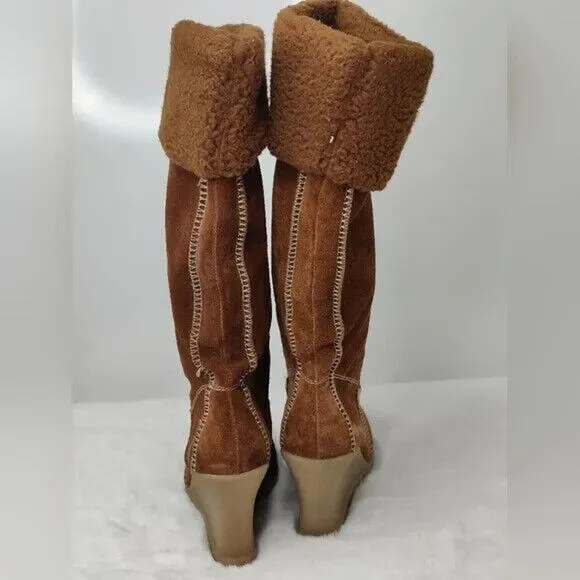 Y2K Kenneth Cole Reaction Brown Suede Knee High Wedge Boots Size US 6
