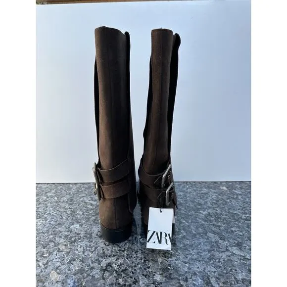 ZARA BUCKLED SUEDE GAITER BOOTS Women’s Size EU 40 / US 9 Brown
