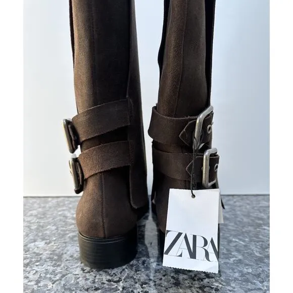 ZARA BUCKLED SUEDE GAITER BOOTS Women’s Size EU 40 / US 9 Brown