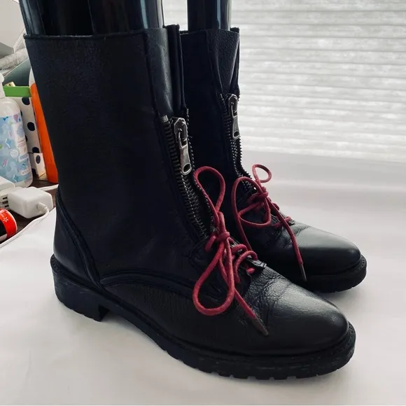 Zara Genuine Leather Butter Soft Black Lace Up Zip Up Boots Size 8