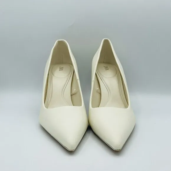 Zara Heels Womens Size 8 EU39 White Leather Shoes Stiletto Pointy Toe Pumps Shoe