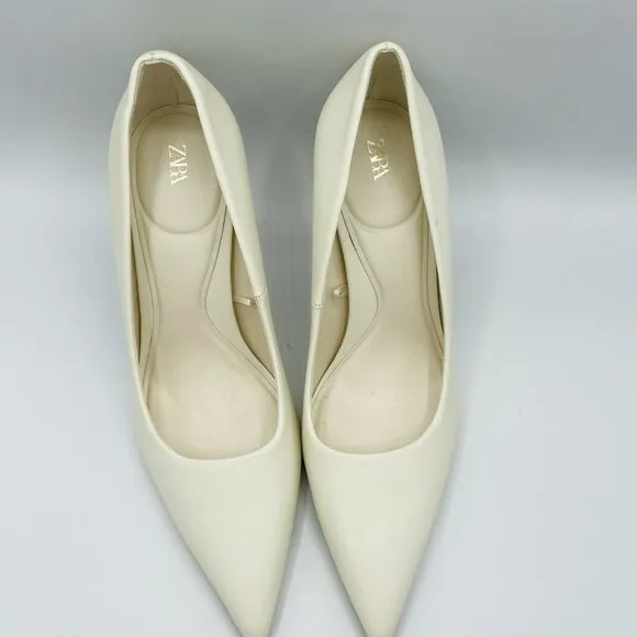 Zara Heels Womens Size 8 EU39 White Leather Shoes Stiletto Pointy Toe Pumps Shoe