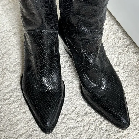 Zara Snakeskin Animal Print Black Leather Cowboy Bota Boots - New!