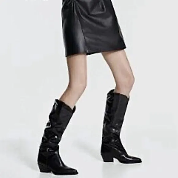 Zara Snakeskin Animal Print Black Leather Cowboy Bota Boots - New!
